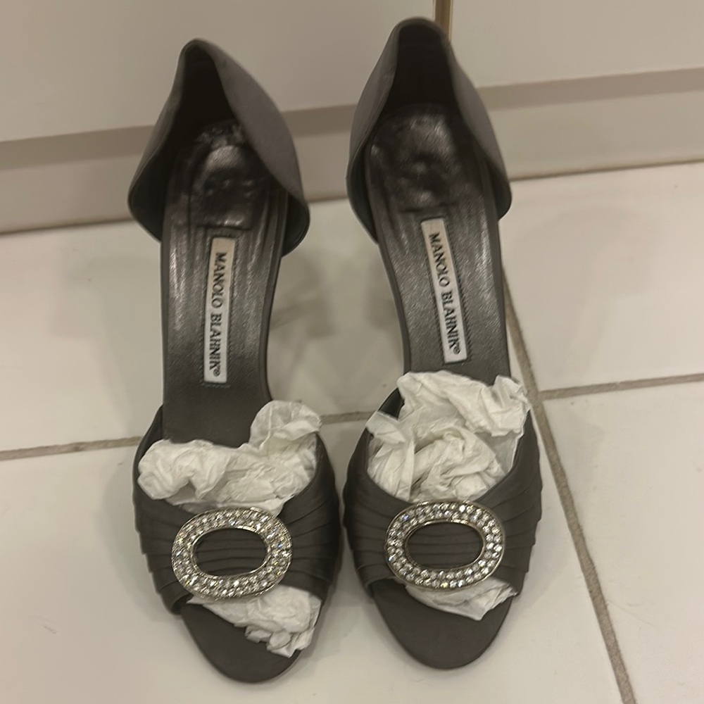 Manolo Blahnik Charcoal Heels with Embellished Buckle